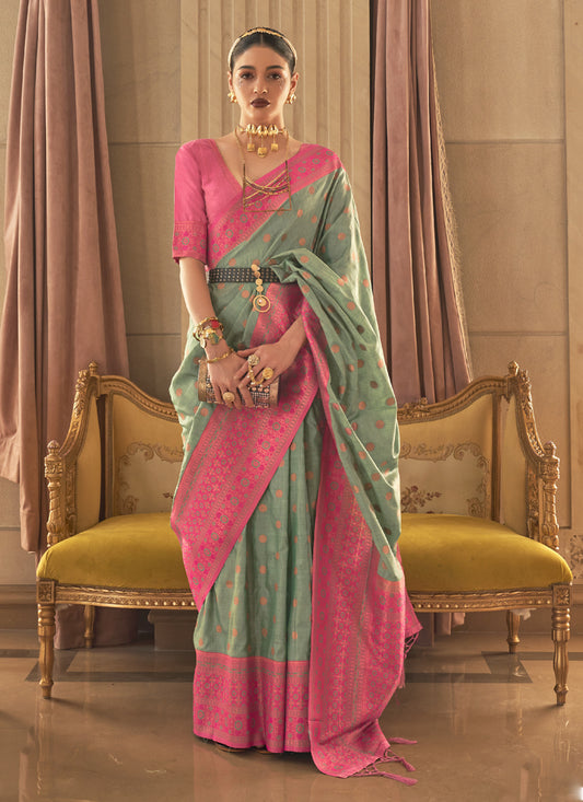 Teal Mint Handloom Silk Zari Woven Saree