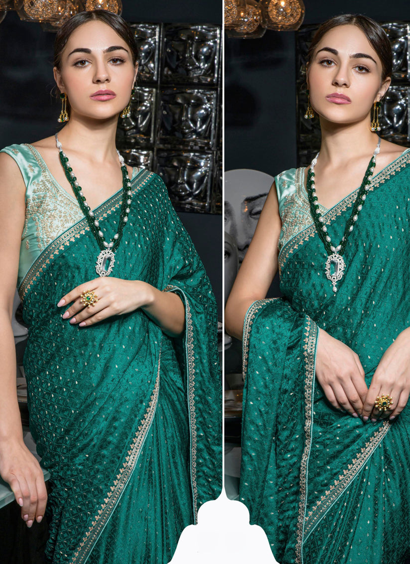 Rama Green Viscose Satin Wedding Saree