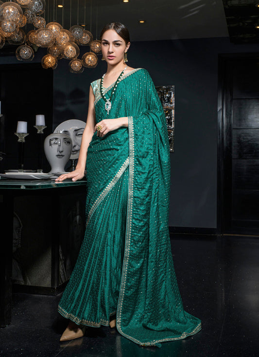 Rama Green Viscose Satin Wedding Saree