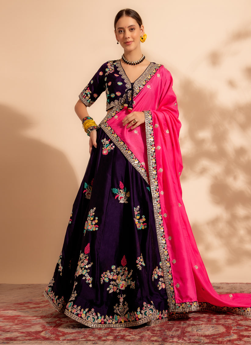 Eggplant Organza Embroidered Designer Lehenga Choli