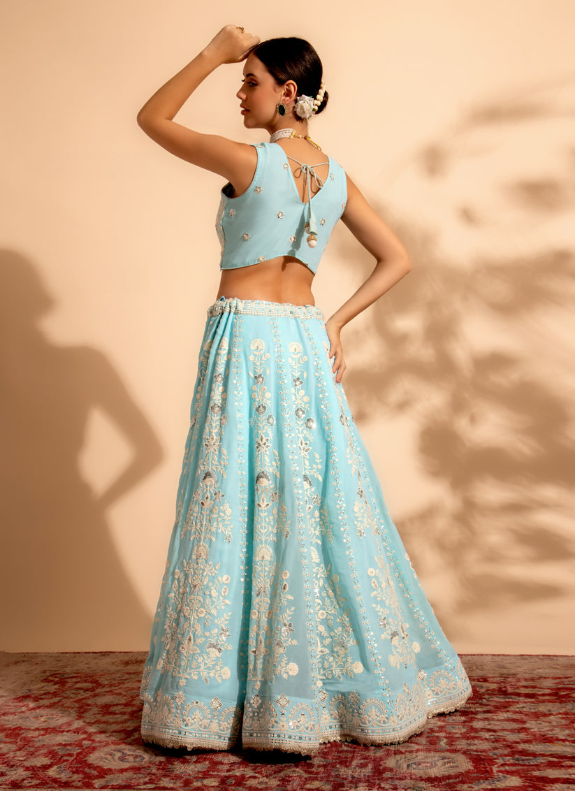 Ice Blue Georgette Embroidered Designer Lehenga Choli