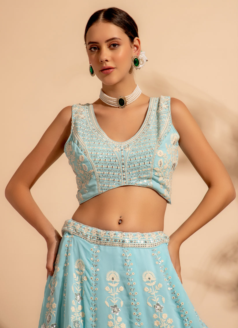 Ice Blue Georgette Embroidered Designer Lehenga Choli