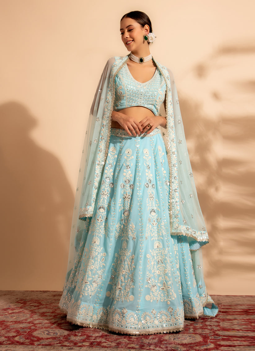 Ice Blue Georgette Embroidered Designer Lehenga Choli