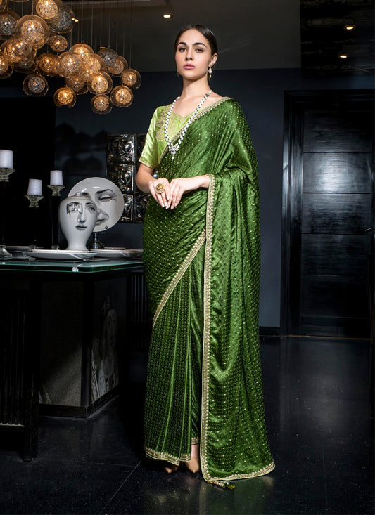 Olive Green Viscose Satin Wedding Saree