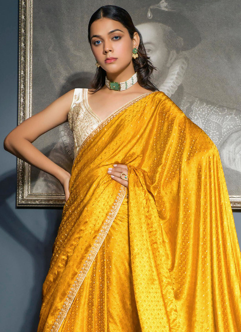 Golden Yellow Viscose Satin Wedding Saree