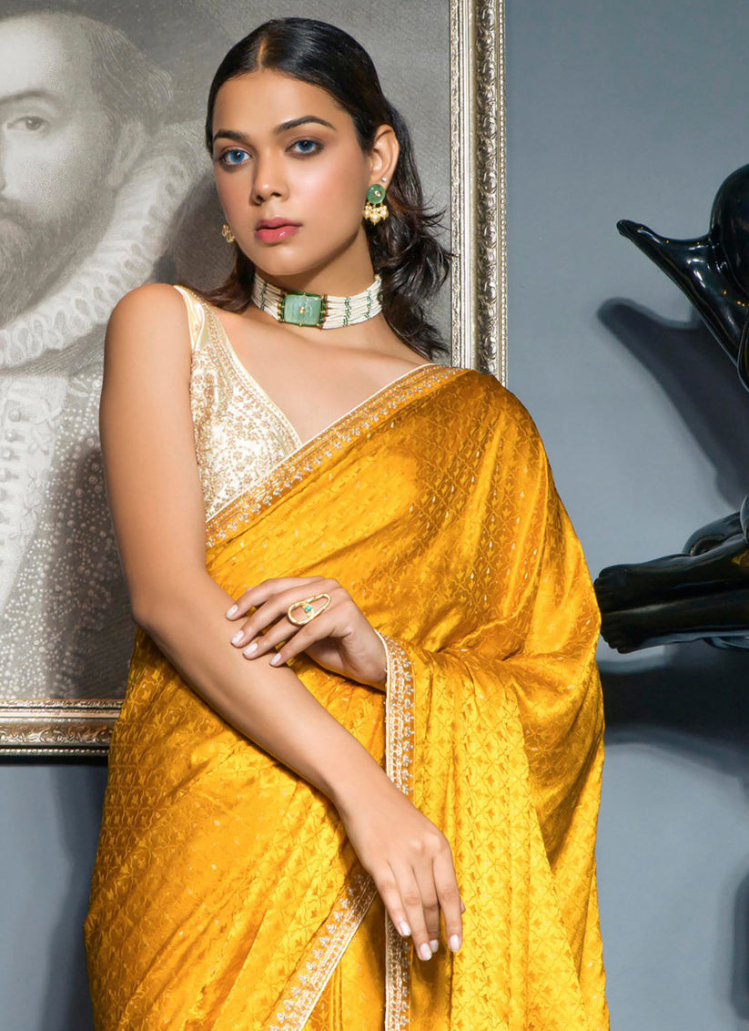 Golden Yellow Viscose Satin Wedding Saree