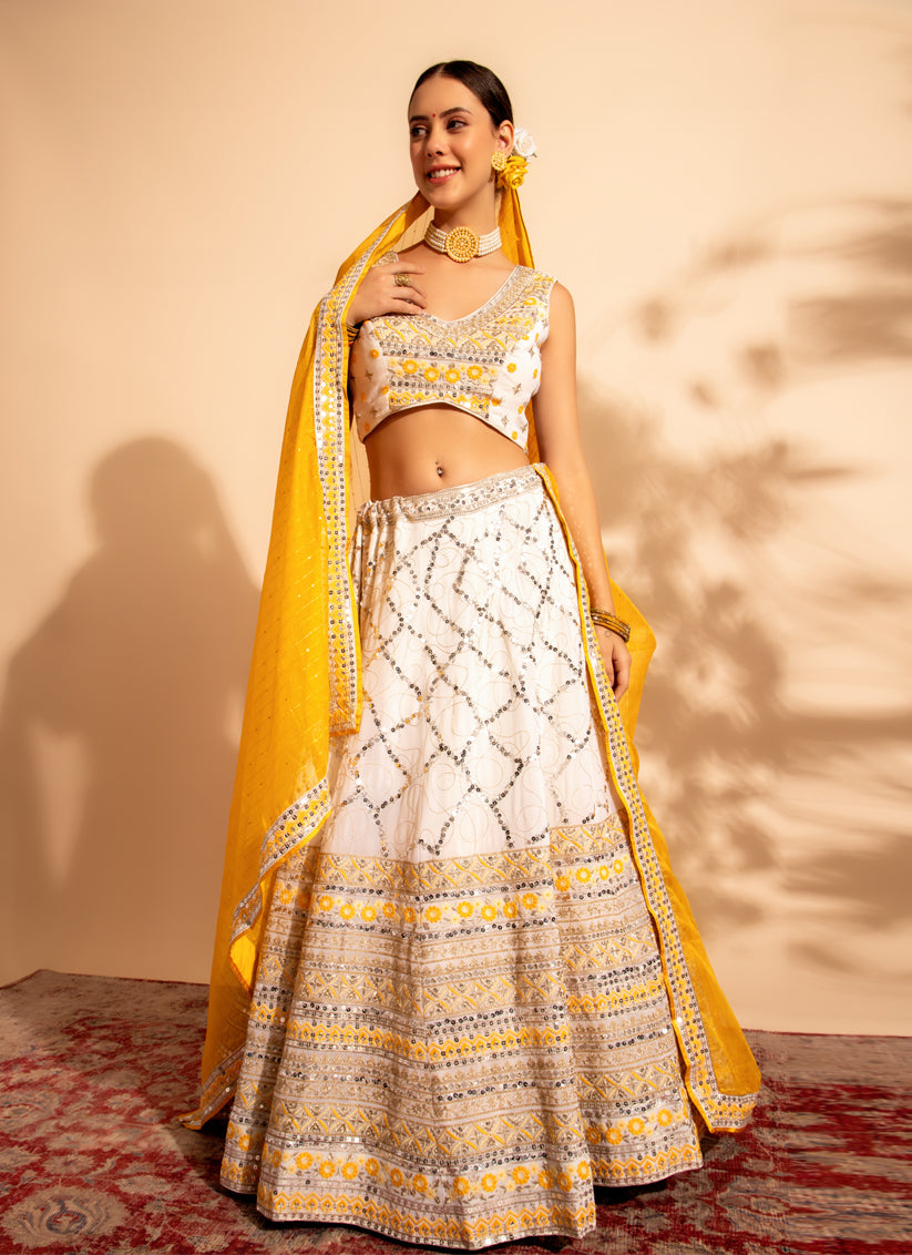 White Georgette Embroidered Designer Lehenga Choli