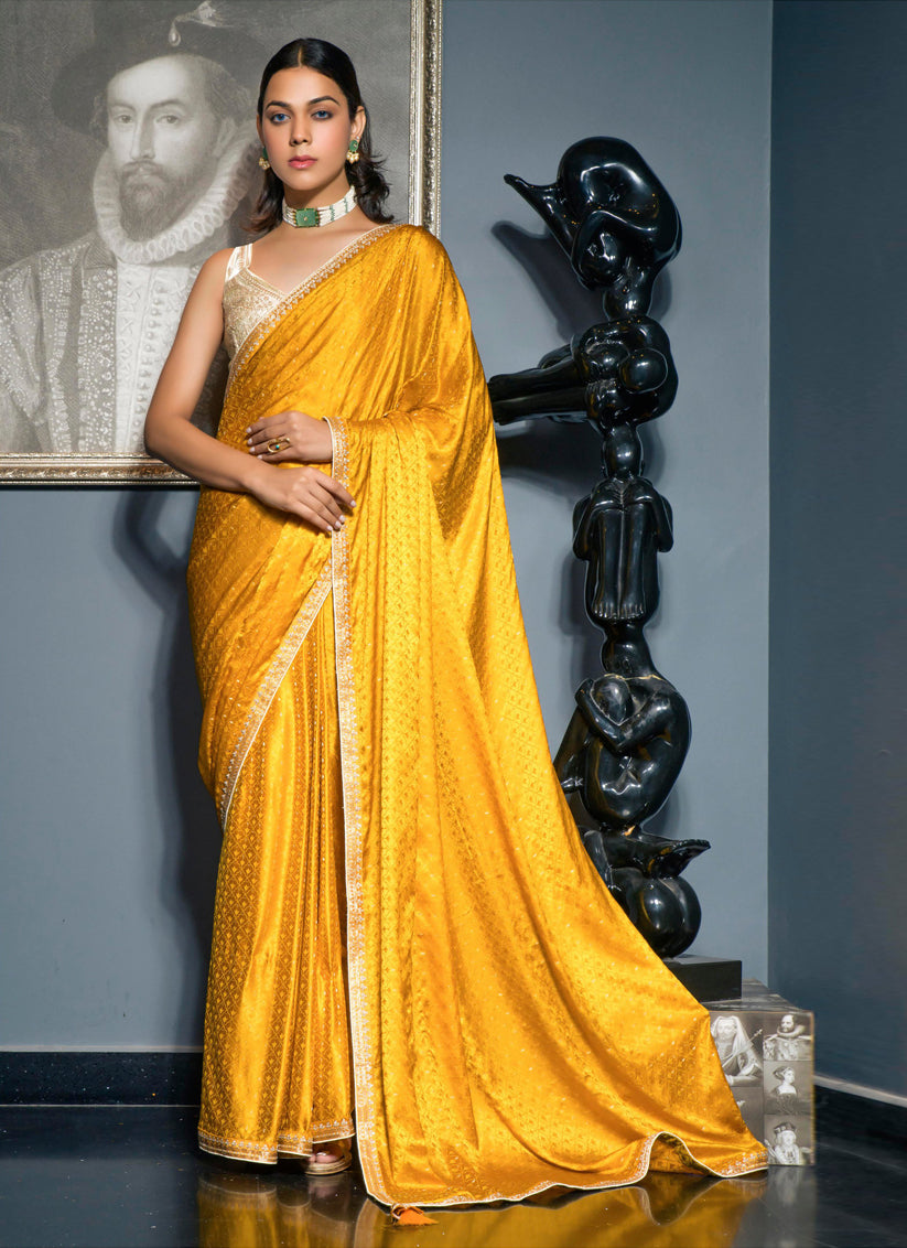 Golden Yellow Viscose Satin Wedding Saree