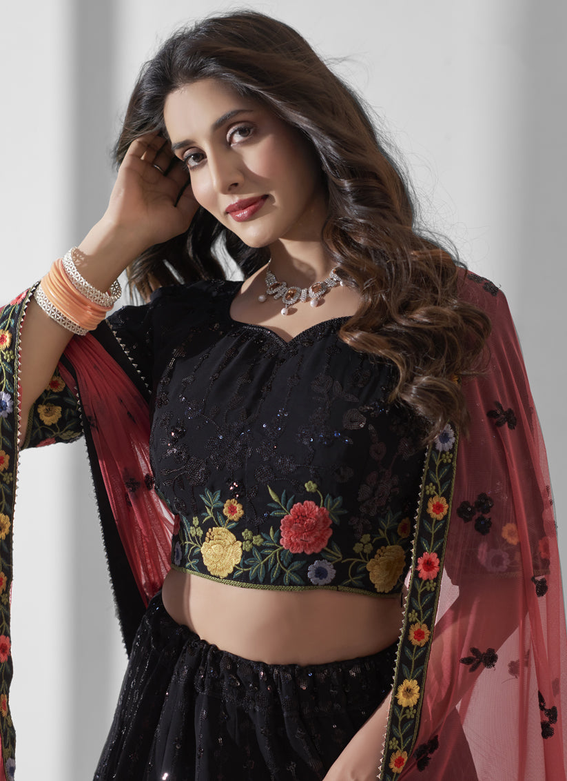 Black Georgette Embroidered Designer Lehenga Choli