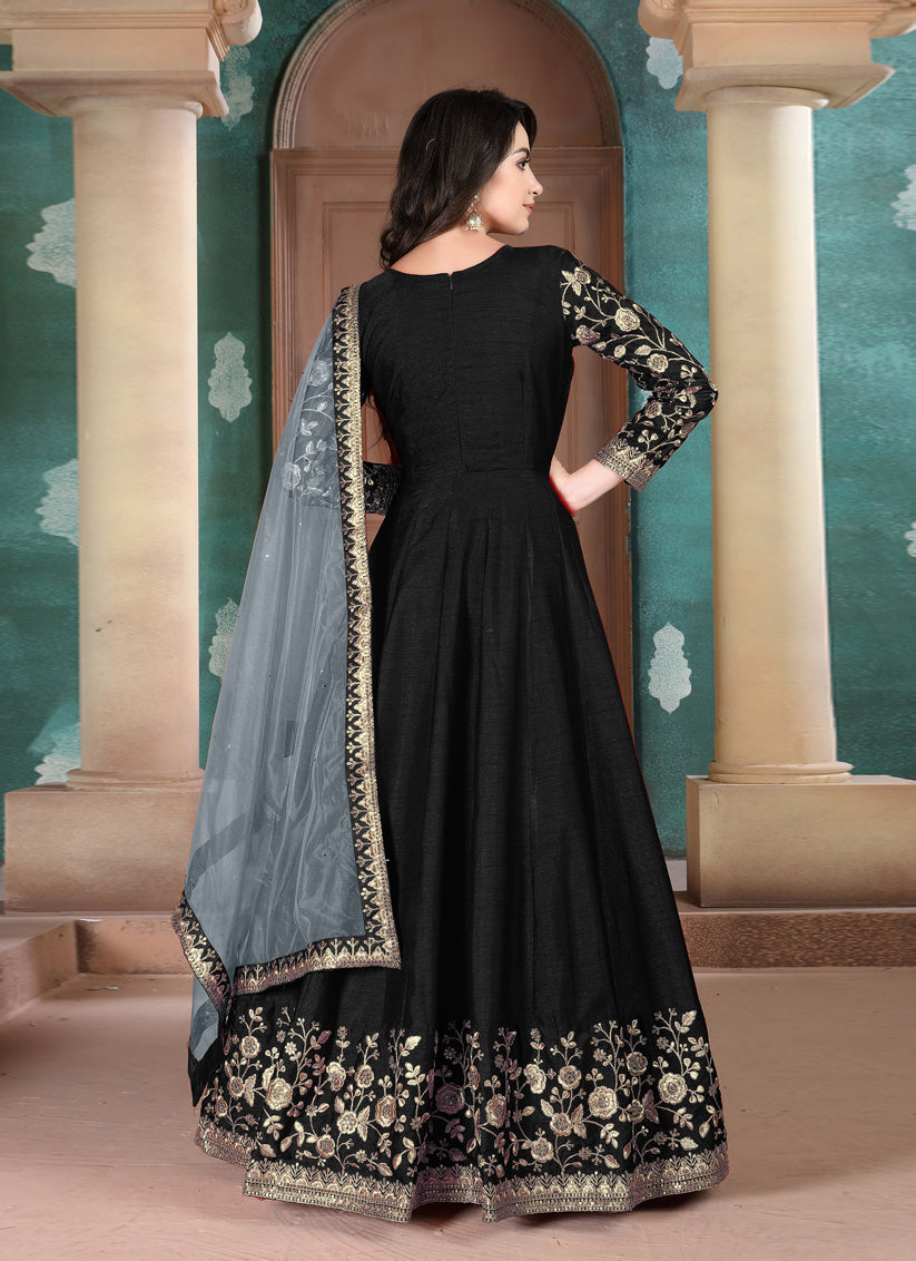 Black Silk Slub Embroidered Anarkali Suit