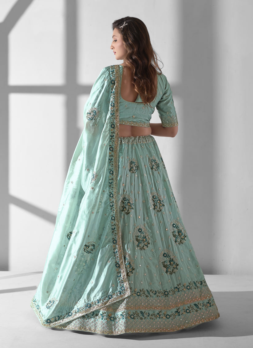 Mint Blue Organza Embroidered Designer Lehenga Choli