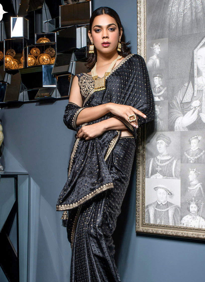 Black Viscose Satin Wedding Saree