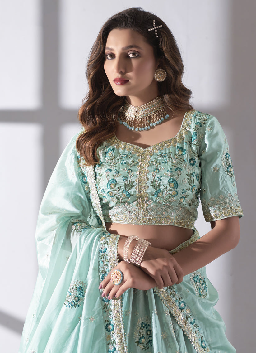 Mint Blue Organza Embroidered Designer Lehenga Choli