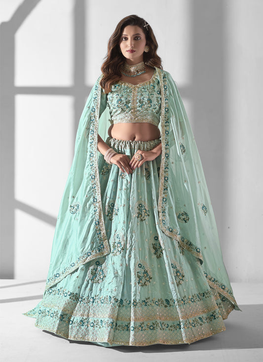 Mint Blue Organza Embroidered Designer Lehenga Choli