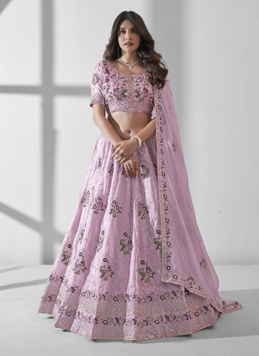 Lilac Pink Organza Embroidered Designer Lehenga Choli