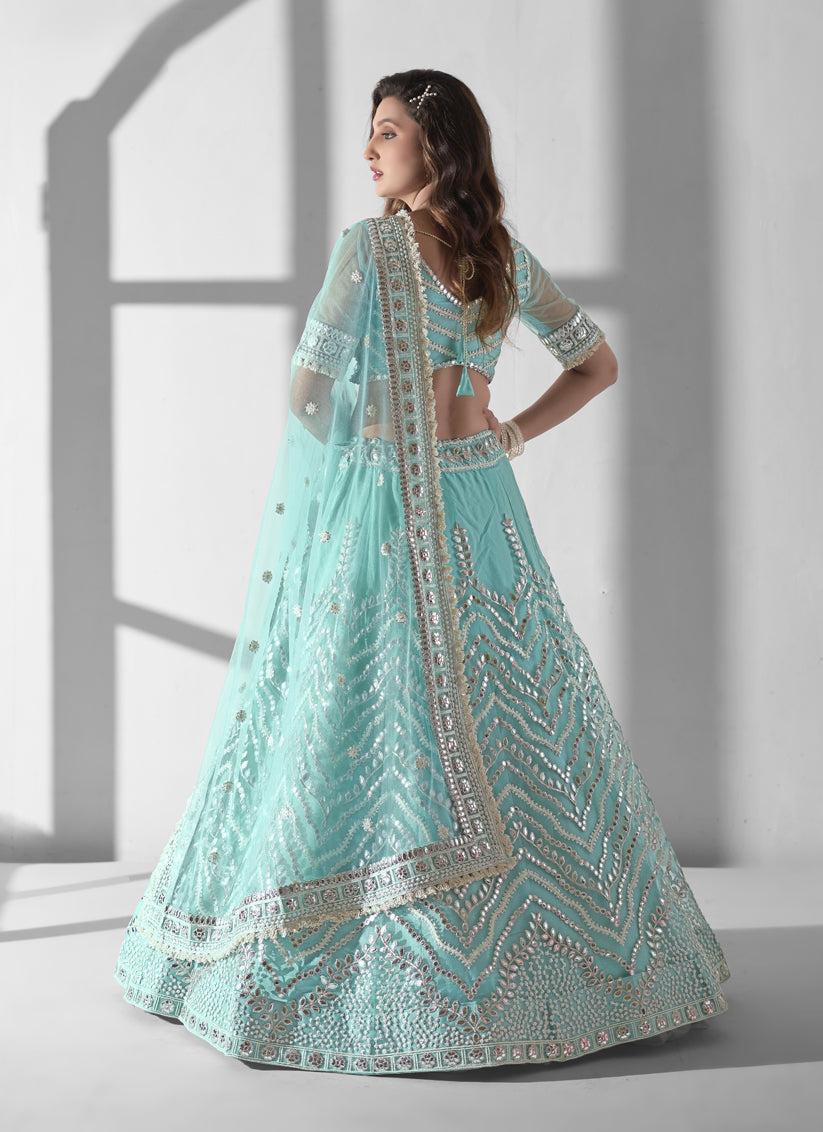 Aqua Blue Net Embroidered Designer Lehenga Choli