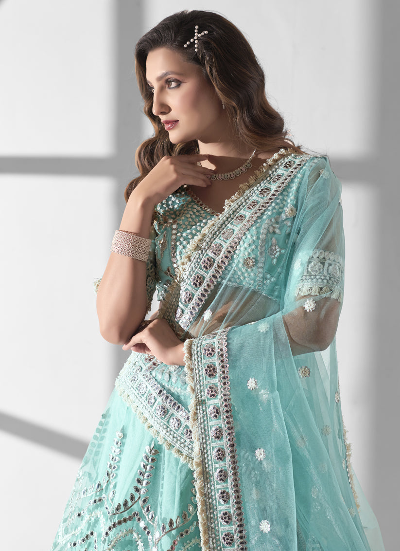 Aqua Blue Net Embroidered Designer Lehenga Choli