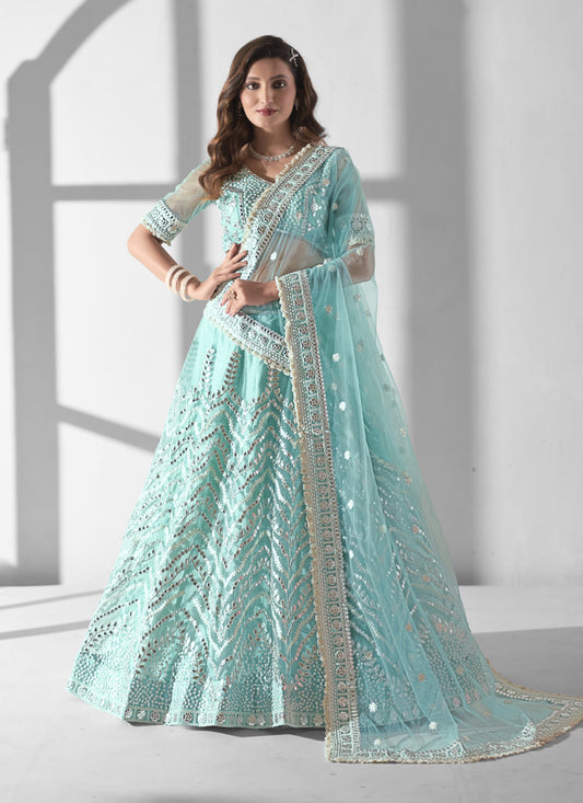 Aqua Blue Net Embroidered Designer Lehenga Choli