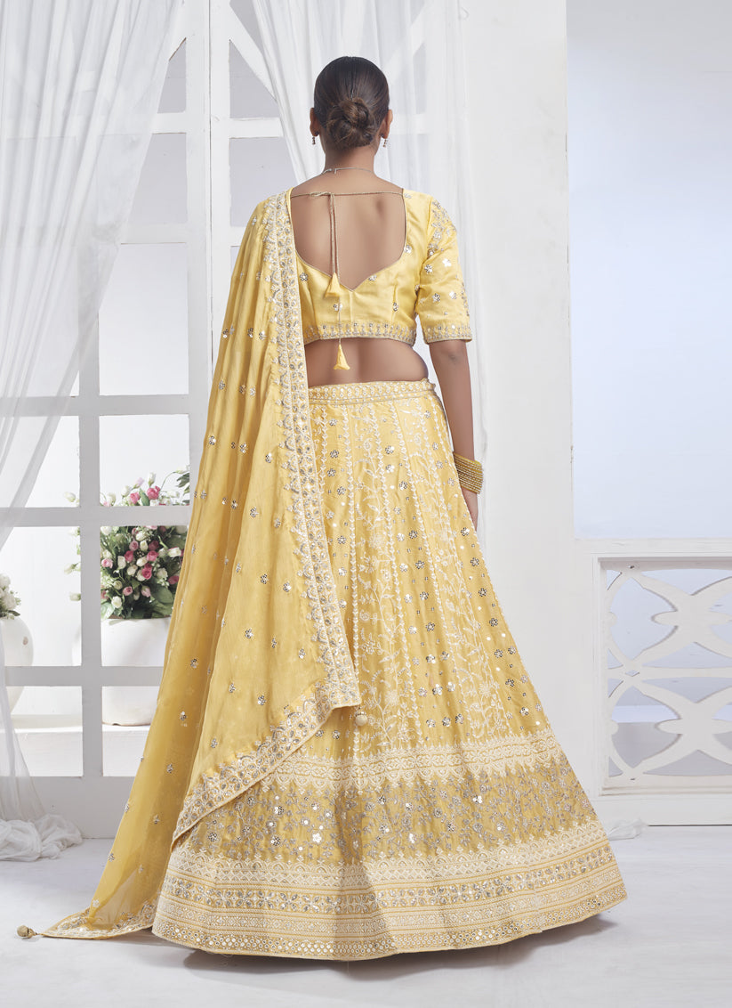 Lemon Yellow Pure Chiffon Embroidered Designer Lehenga Choli