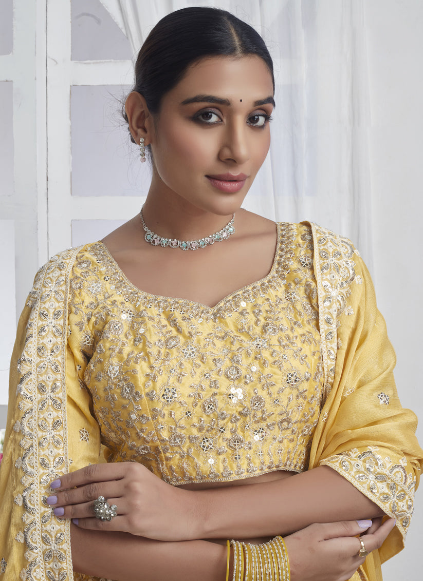 Lemon Yellow Pure Chiffon Embroidered Designer Lehenga Choli