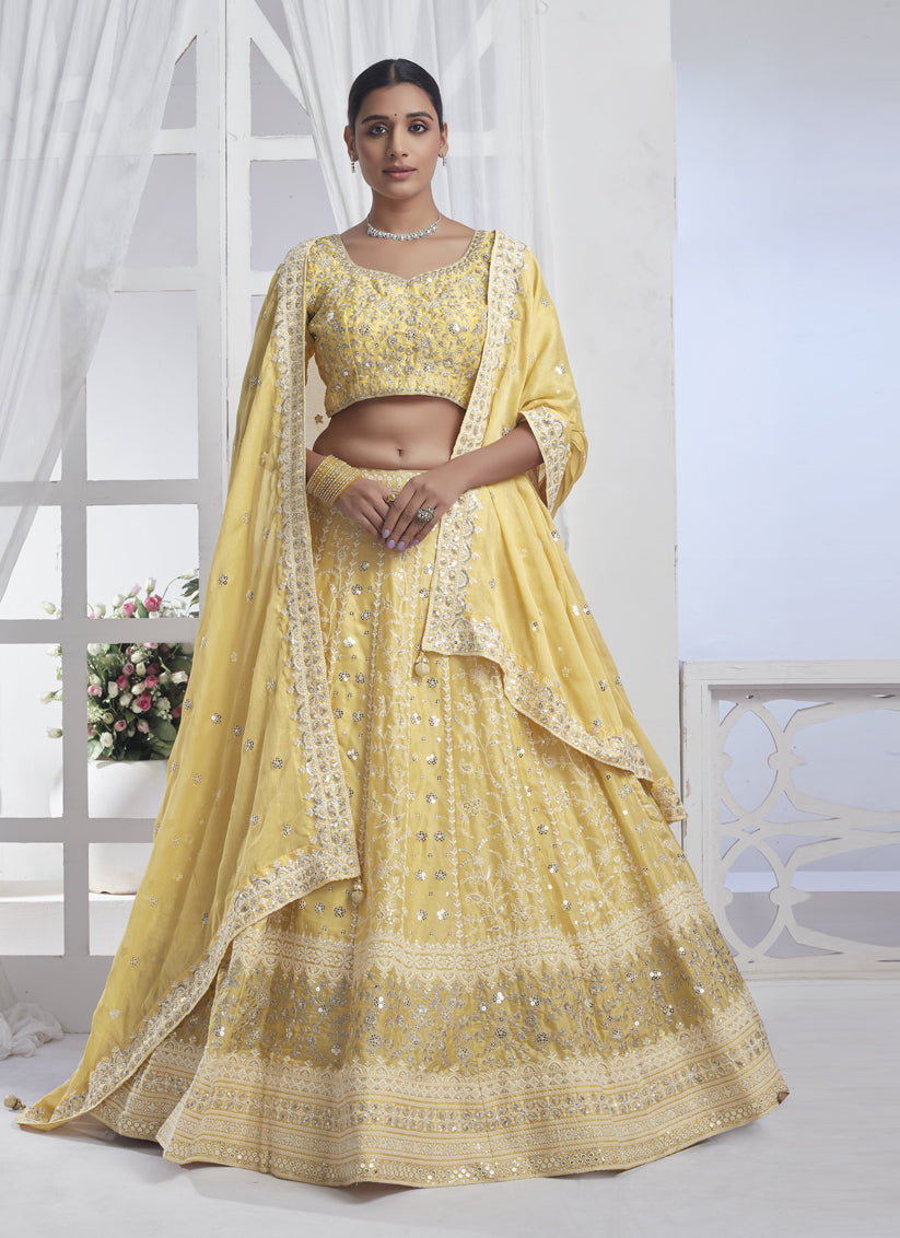 Lemon Yellow Pure Chiffon Embroidered Designer Lehenga Choli