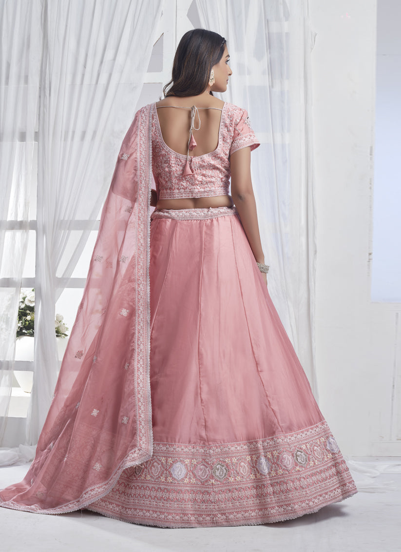 Coral Pink Pure Organza Embroidered Designer Lehenga Choli