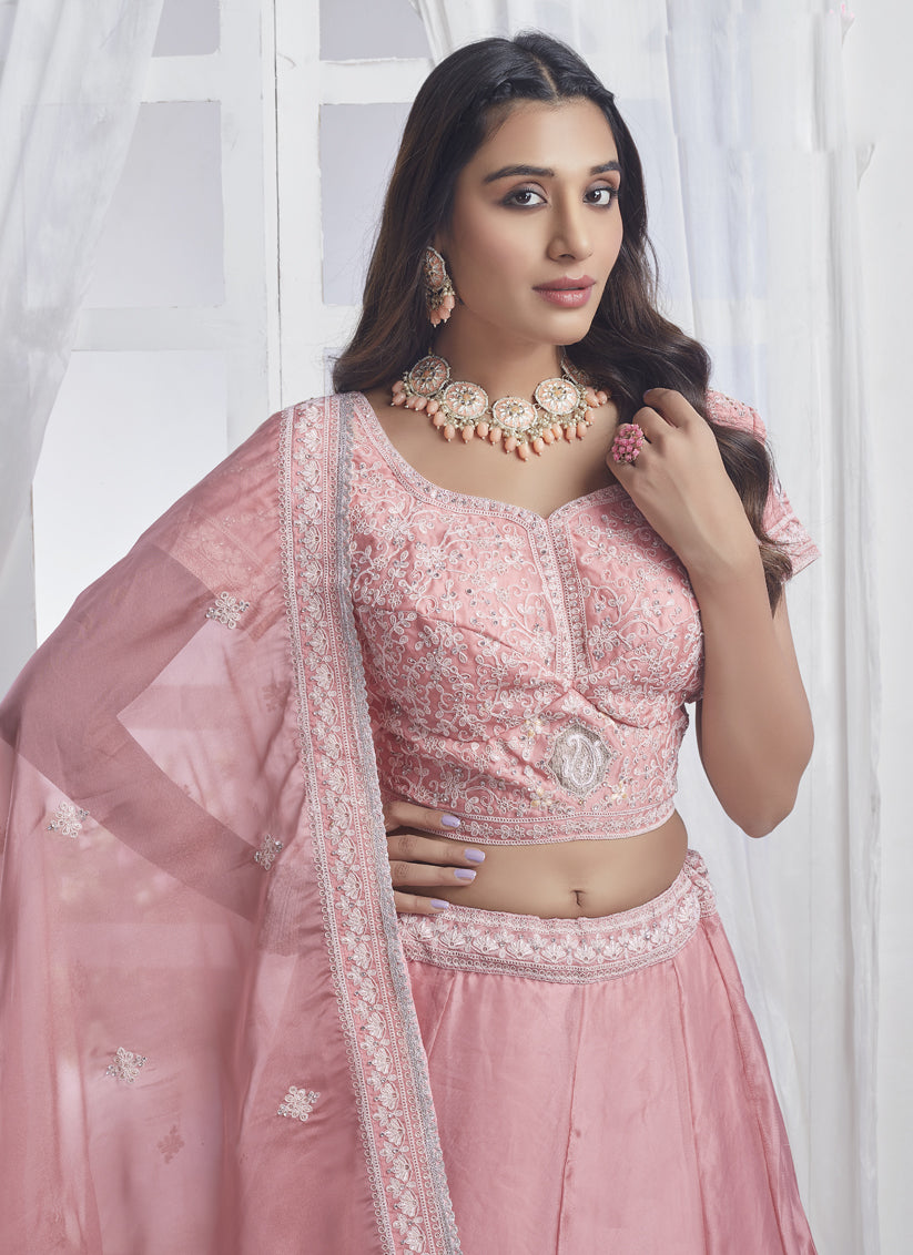 Coral Pink Pure Organza Embroidered Designer Lehenga Choli