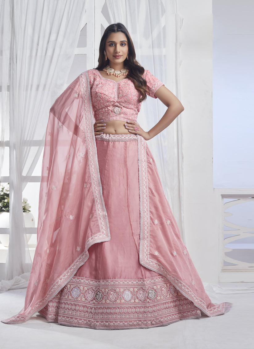 Coral Pink Pure Organza Embroidered Designer Lehenga Choli