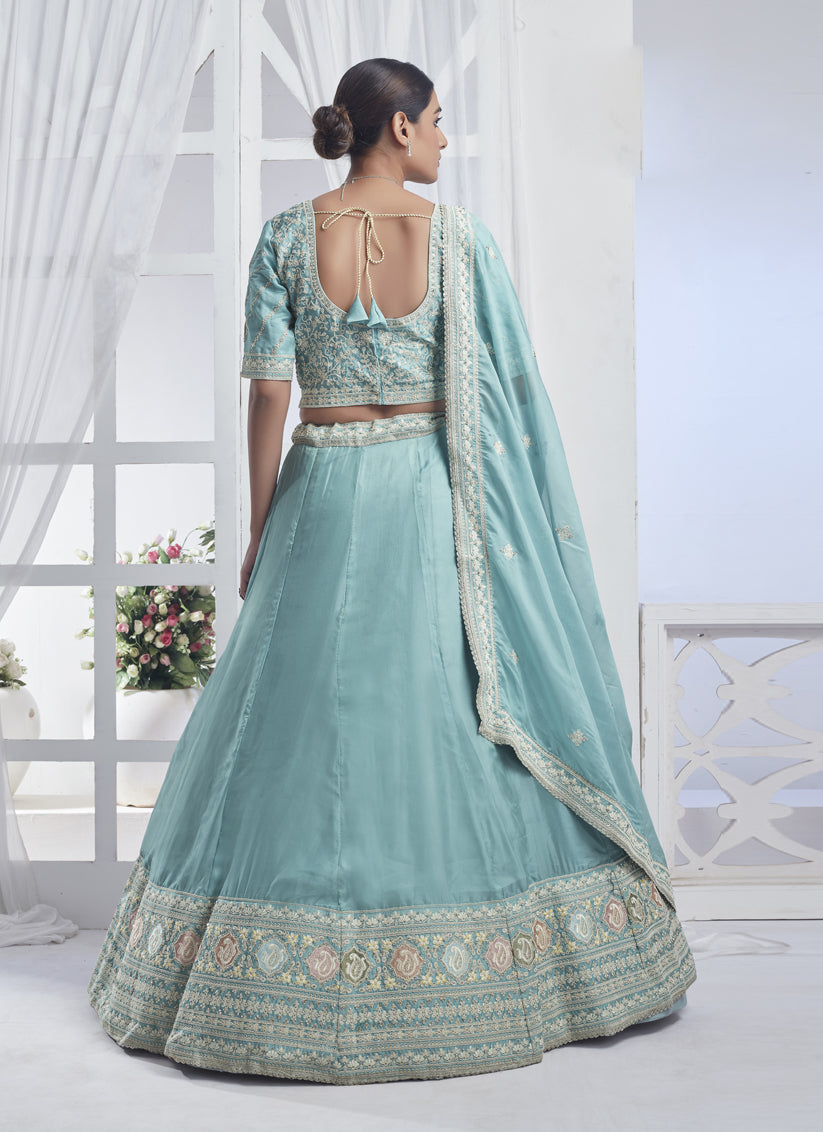 Sky Blue Pure Organza Embroidered Designer Lehenga Choli