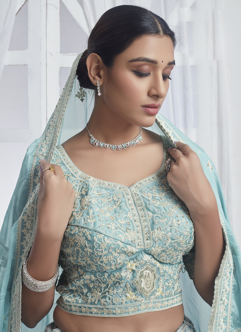 Sky Blue Pure Organza Embroidered Designer Lehenga Choli