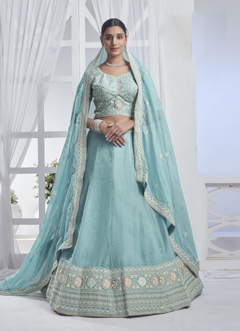 Sky Blue Pure Organza Embroidered Designer Lehenga Choli