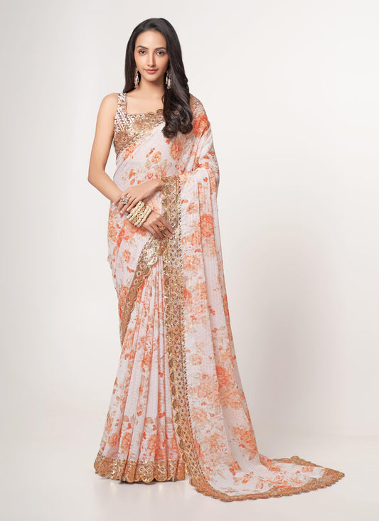 White Organza Sequins Saree