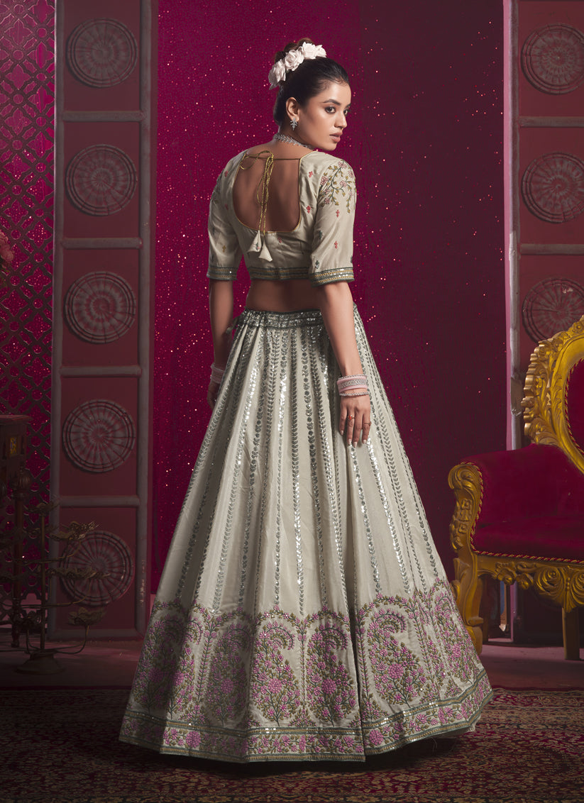 Ash Grey Silk Embroidered Wedding Lehenga Choli