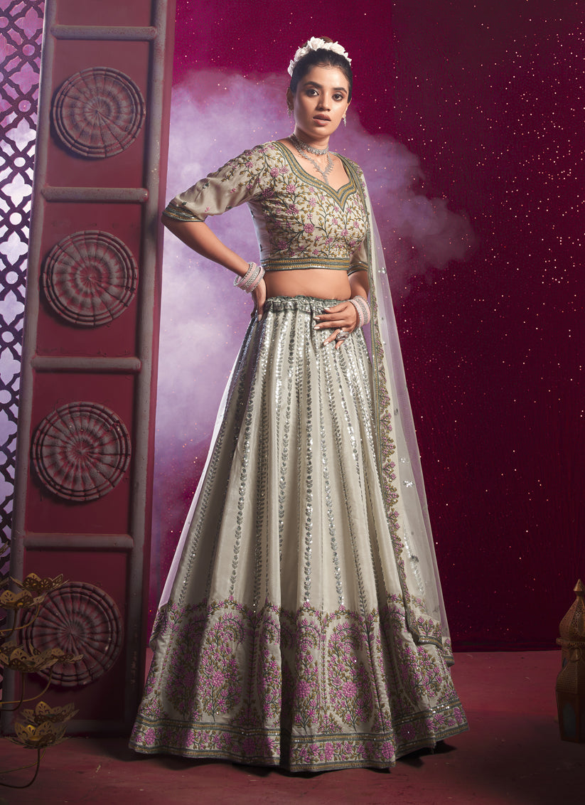 Ash Grey Silk Embroidered Wedding Lehenga Choli