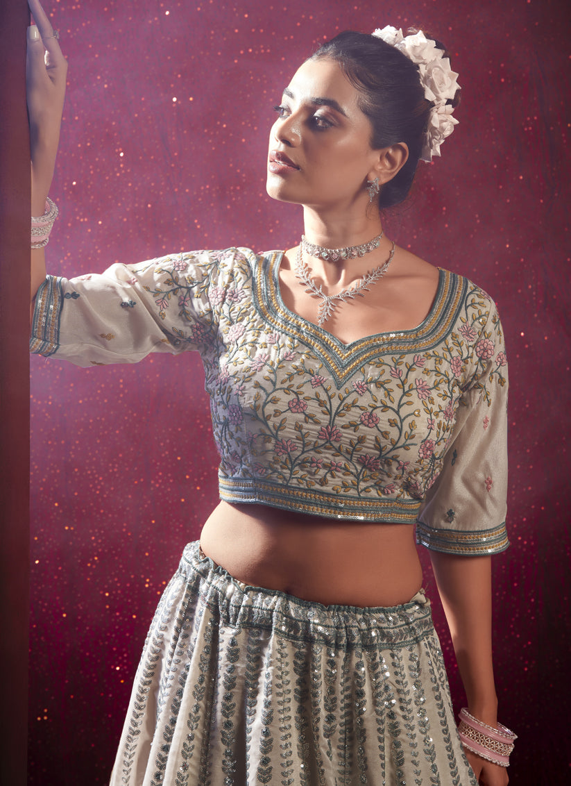 Ash Grey Silk Embroidered Wedding Lehenga Choli