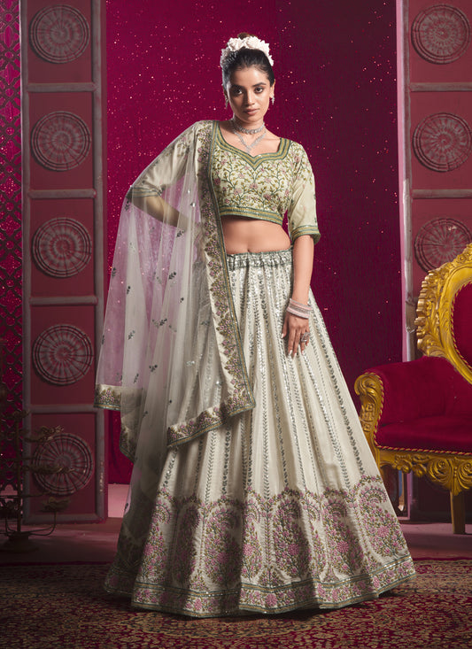 Ash Grey Silk Embroidered Wedding Lehenga Choli