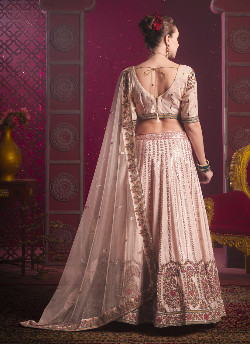 Blush Peach Silk Embroidered Wedding Lehenga Choli