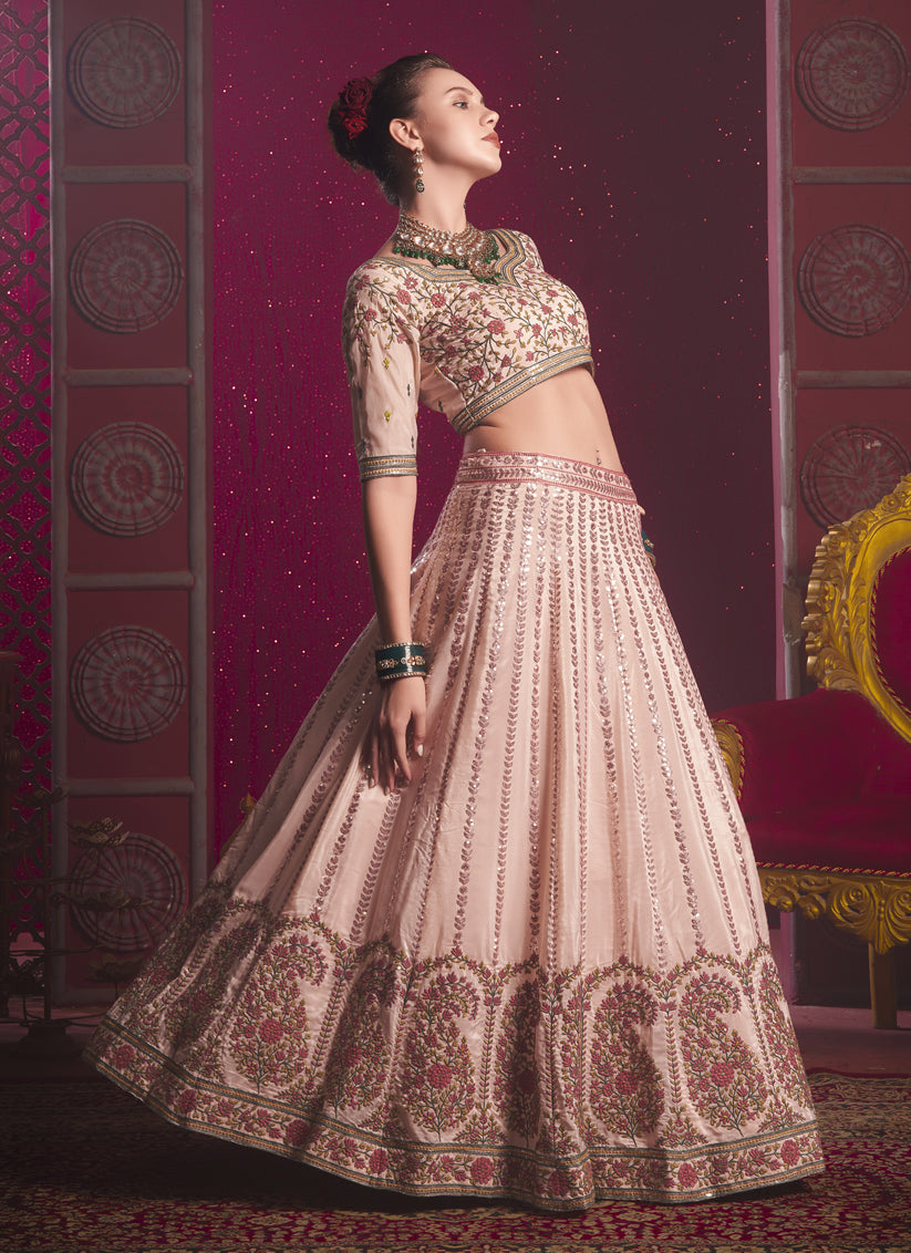 Blush Peach Silk Embroidered Wedding Lehenga Choli