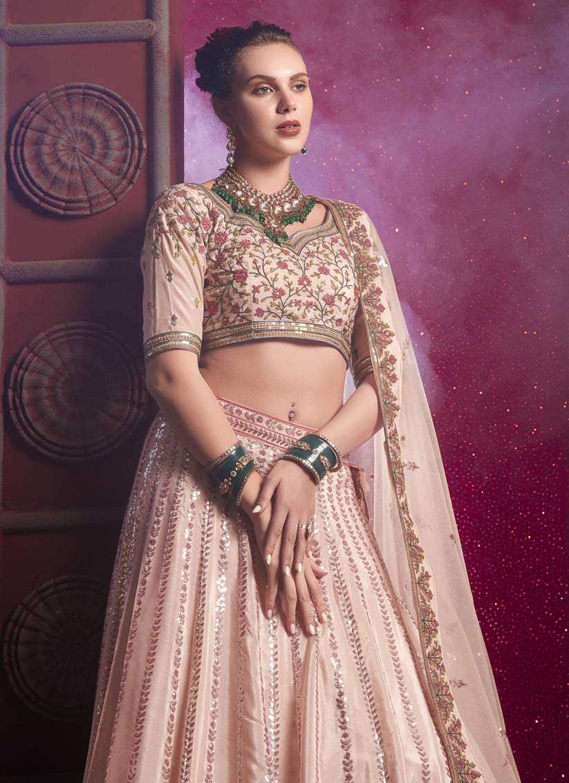 Blush Peach Silk Embroidered Wedding Lehenga Choli