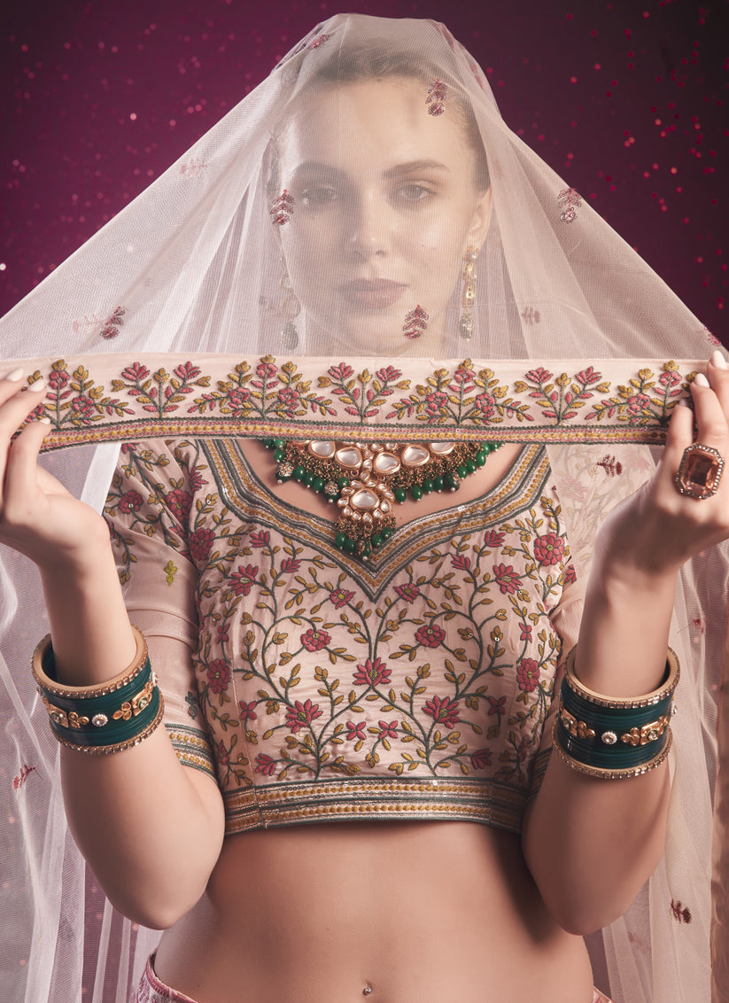 Blush Peach Silk Embroidered Wedding Lehenga Choli