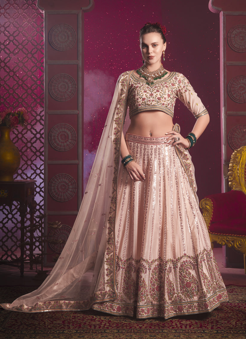 Blush Peach Silk Embroidered Wedding Lehenga Choli