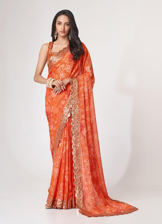 Tangy Orange Organza Sequins Saree