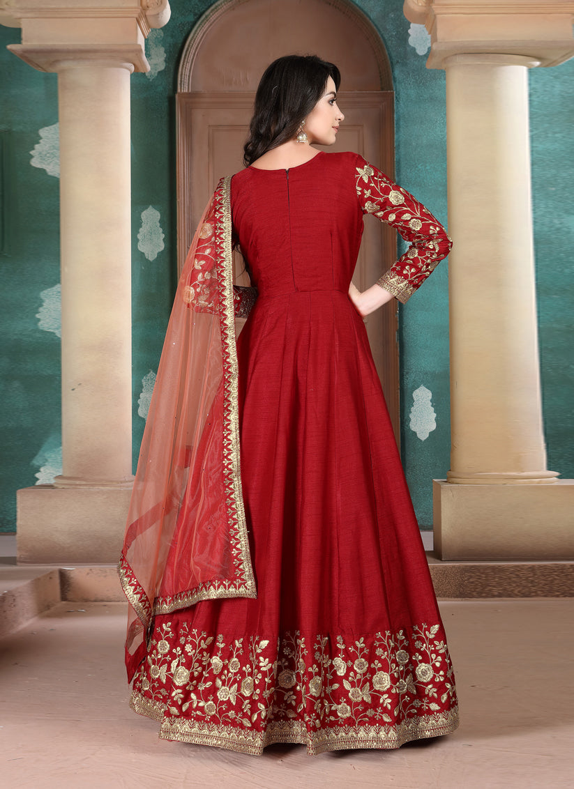 Rust Red Silk Slub Embroidered Anarkali Suit