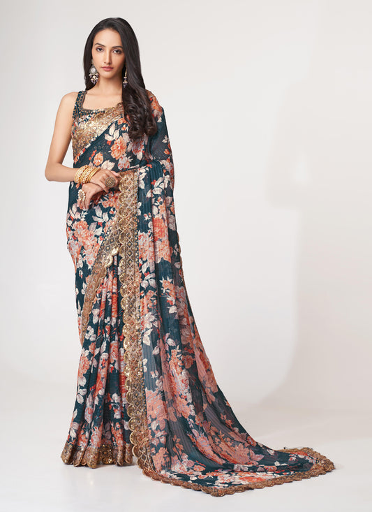 Peacock Blue Organza Sequins Saree