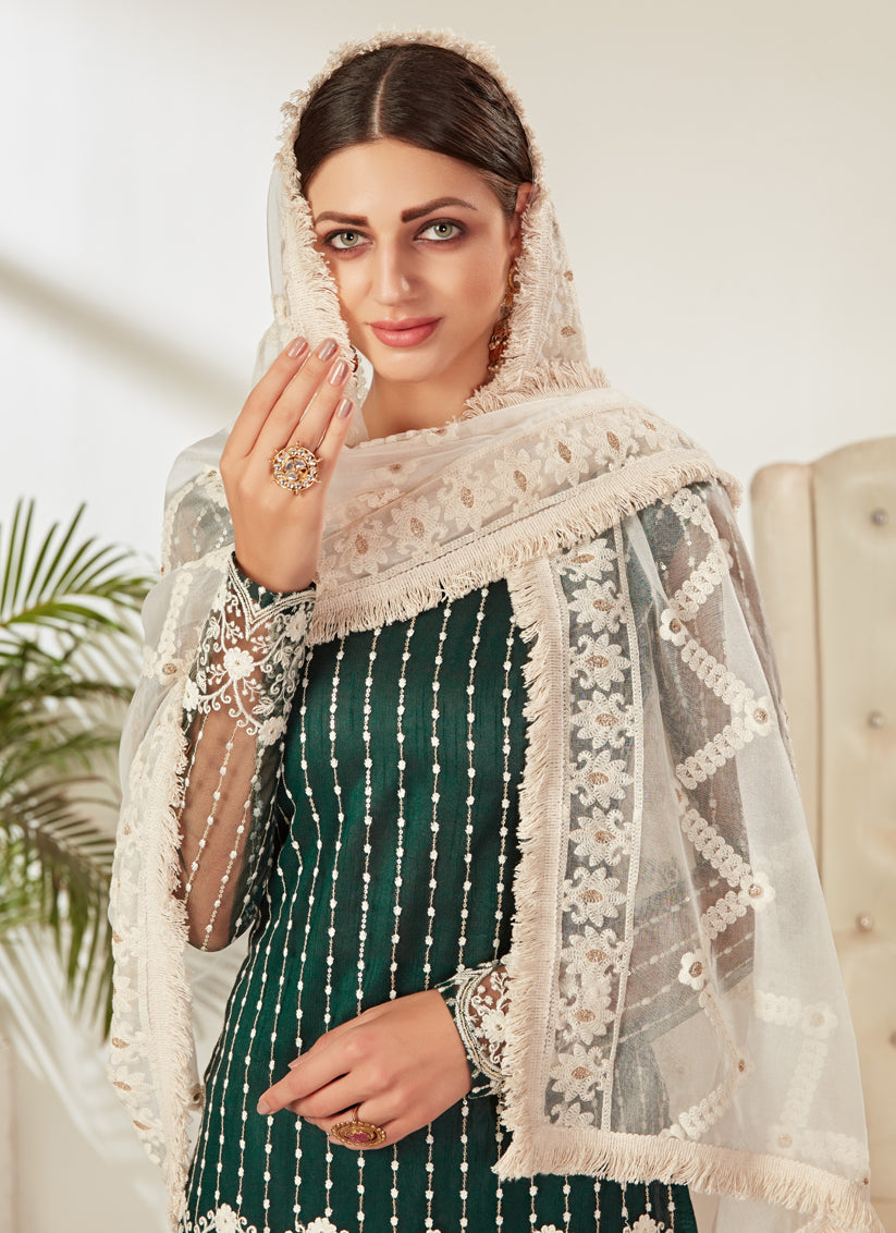 Pine Green Net Embroidered Pant Kameez
