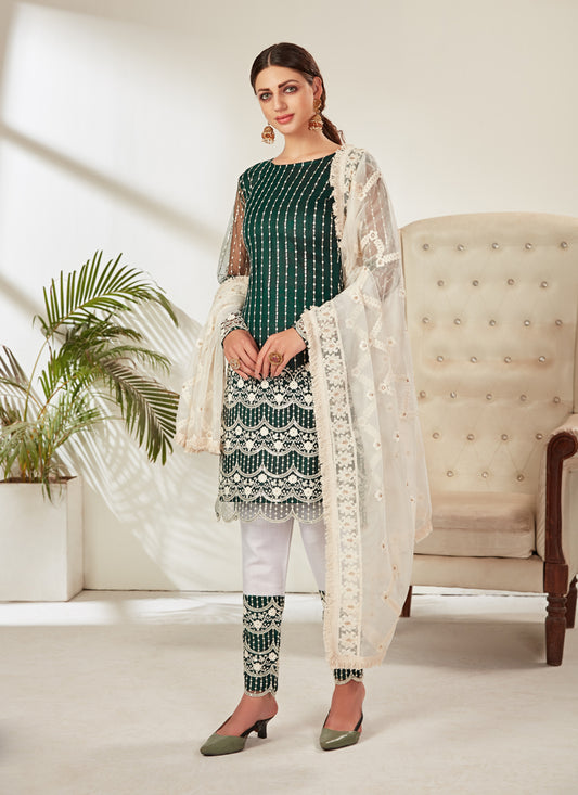 Pine Green Net Embroidered Pant Kameez