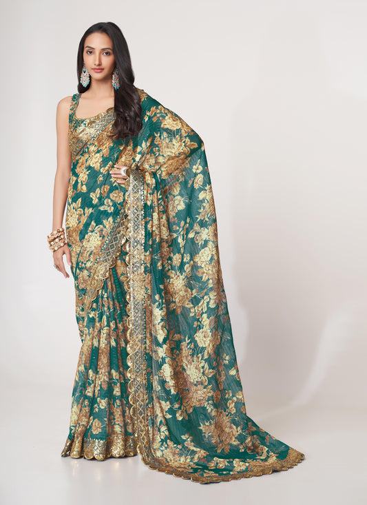 Teal Green Organza Sequins Saree