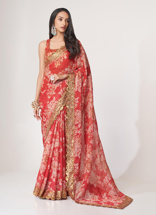 Hot Red Organza Sequins Saree