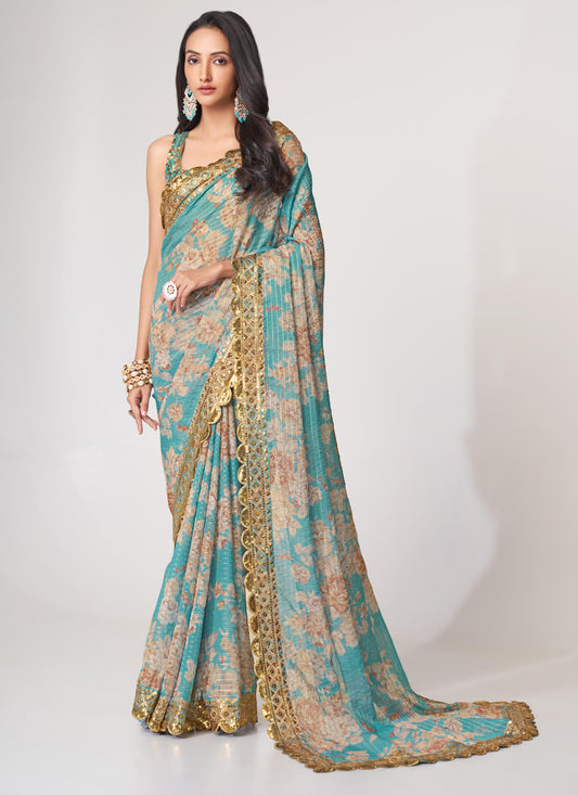 Aqua Blue Organza Sequins Saree