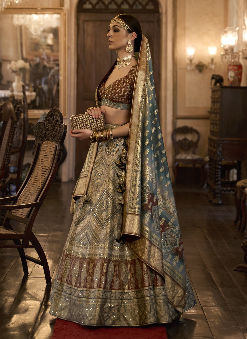 Dusty Beige Rajwadi Silk Embellished Lehenga Choli